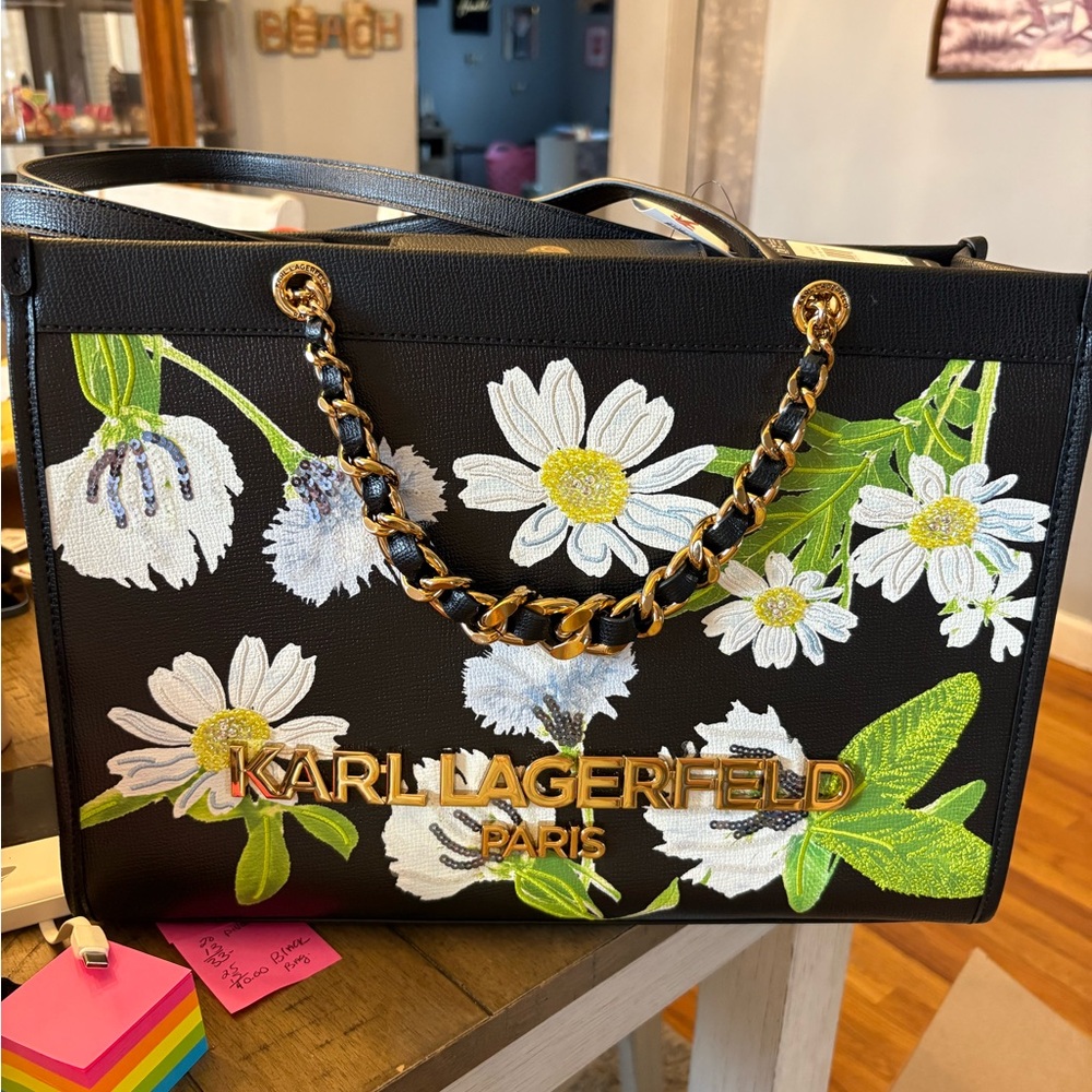 Karl Lagerfeld Large black Tote with white and Green Daisy Sparkly Floral Print